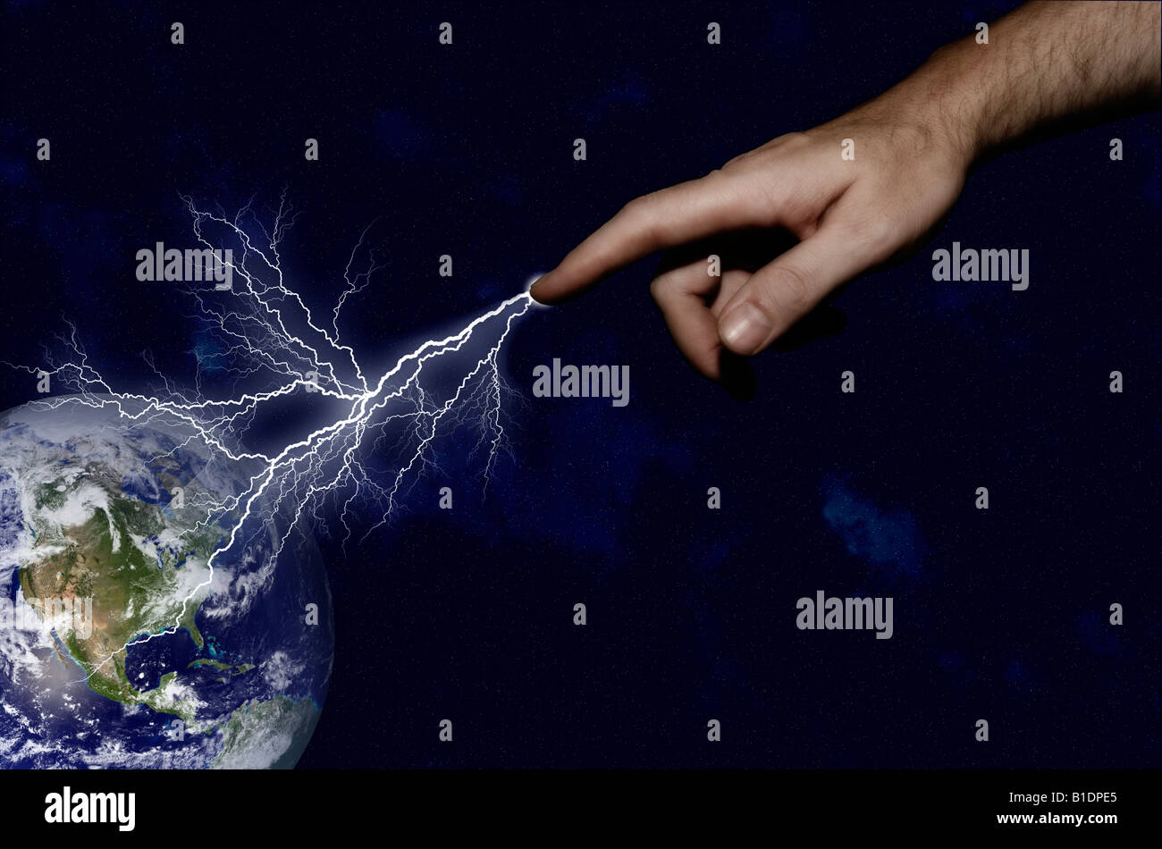 Depiction of the hand of man showering the earth with lightening in an act of destruction Stock Photo