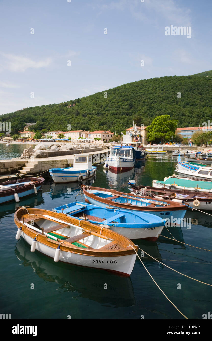 Moscenicka Draga Istria Croatia Moored boats in fishing harbour in tourist resort town on Kvarner coast of Istrian peninsula Stock Photo