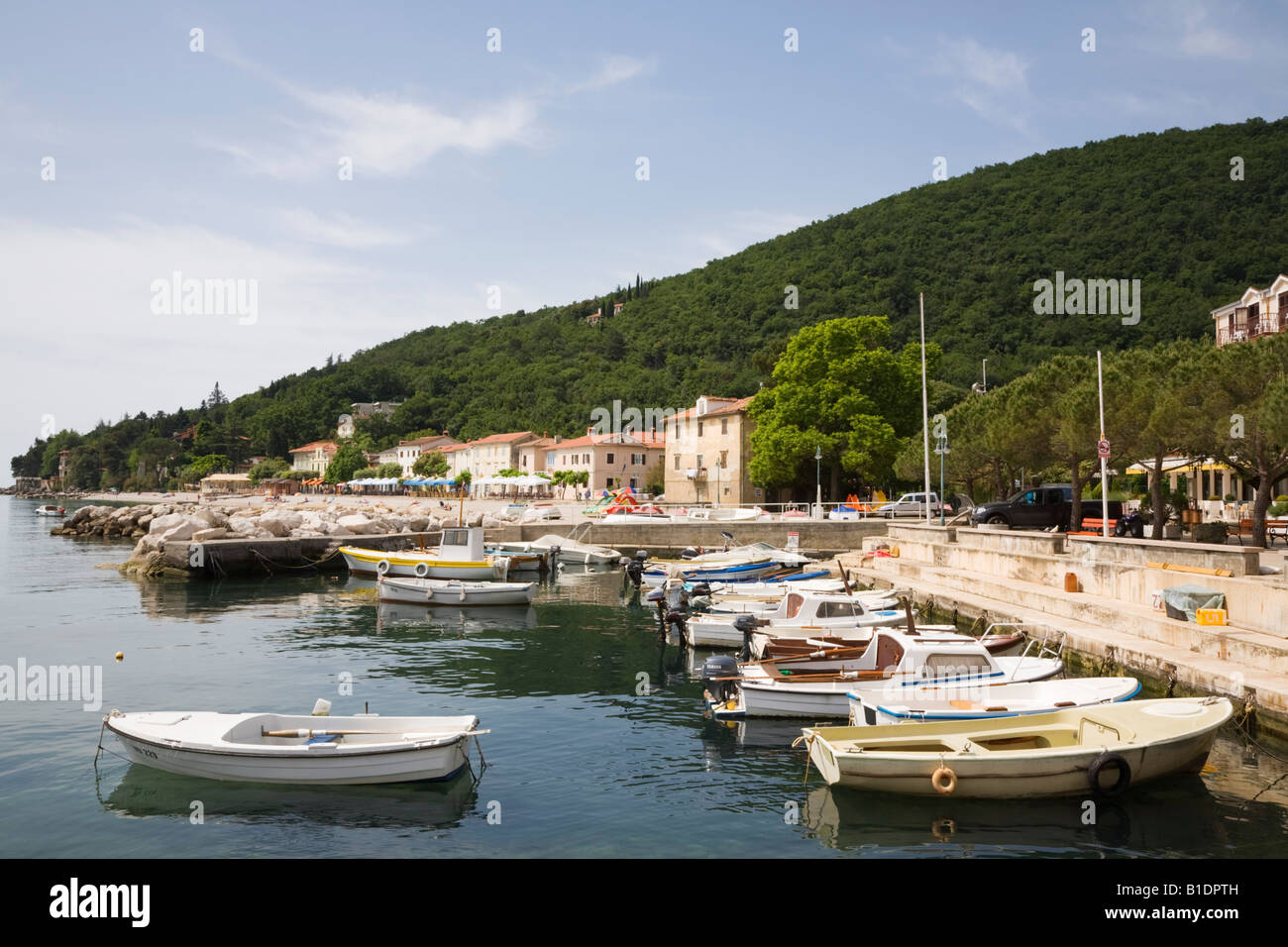 Moscenicka Draga Istria Croatia Moored boats in sheltered fishing harbour in tourist resort town on Kvarner coast Stock Photo