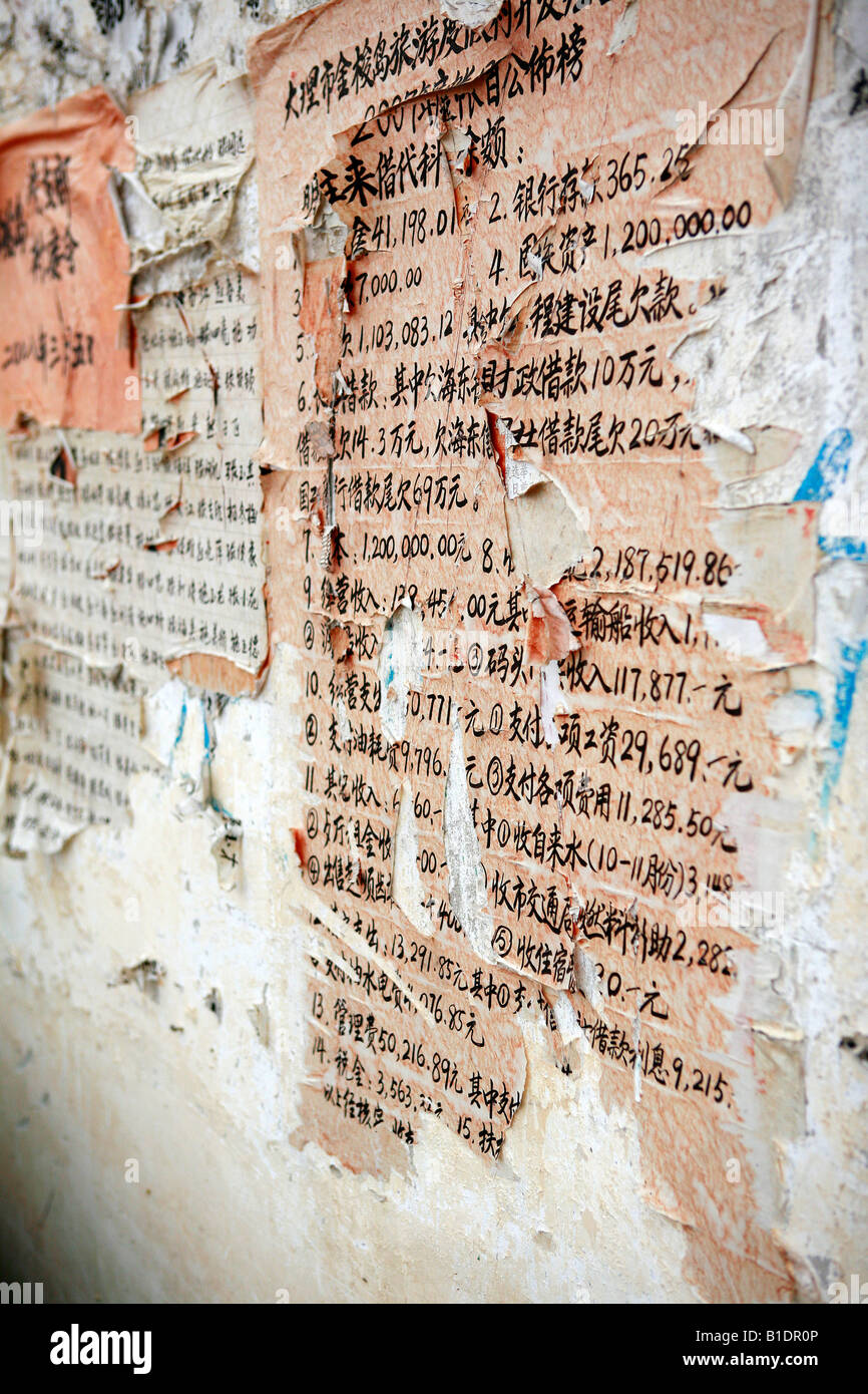 Local newspaper wall at Jinsuo Island, Erhai Lake, Dali, Yunnan, China. Stock Photo