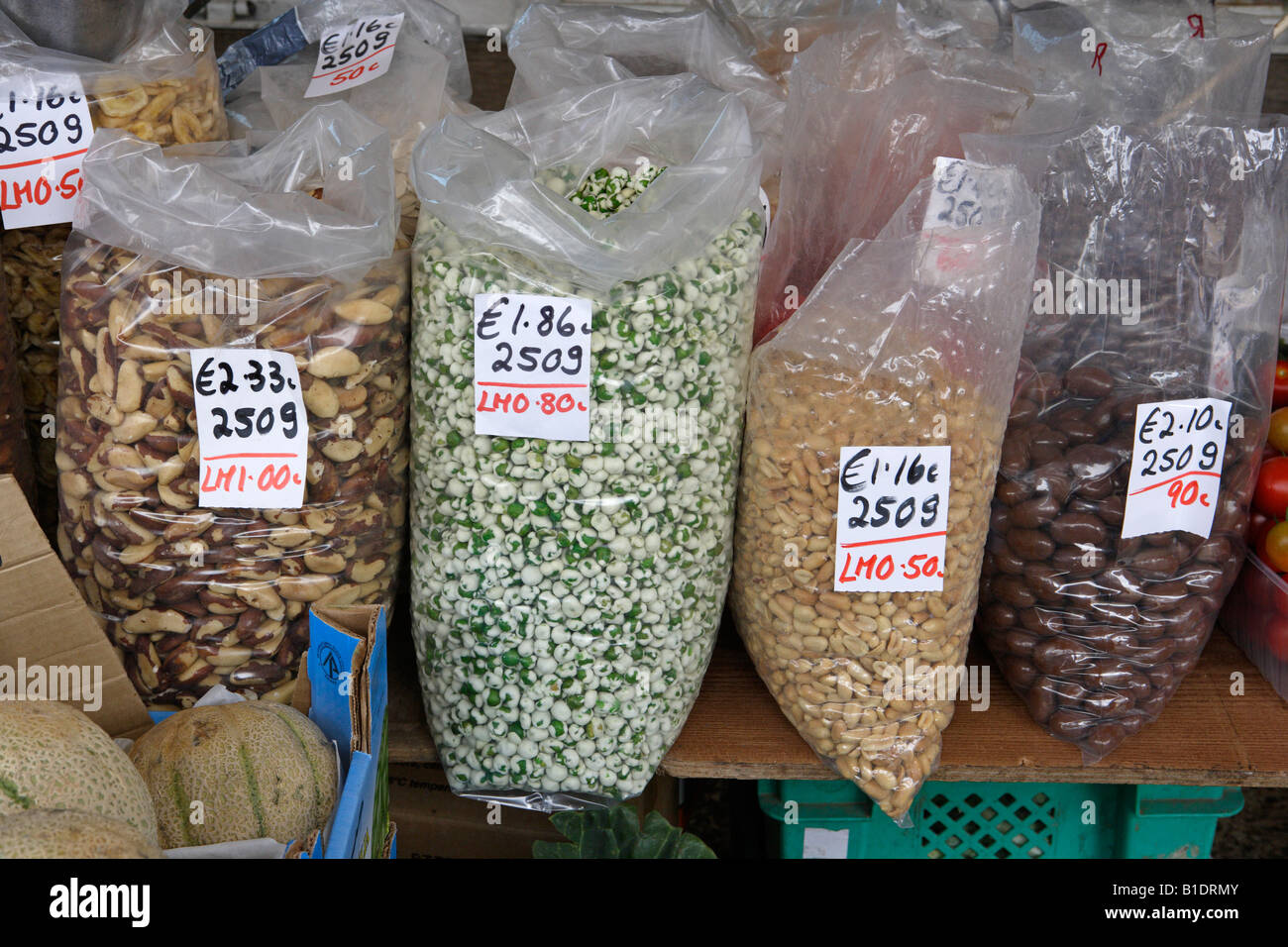 Sacks of dried beans, nuts and grains for sale, Malta Stock Photo