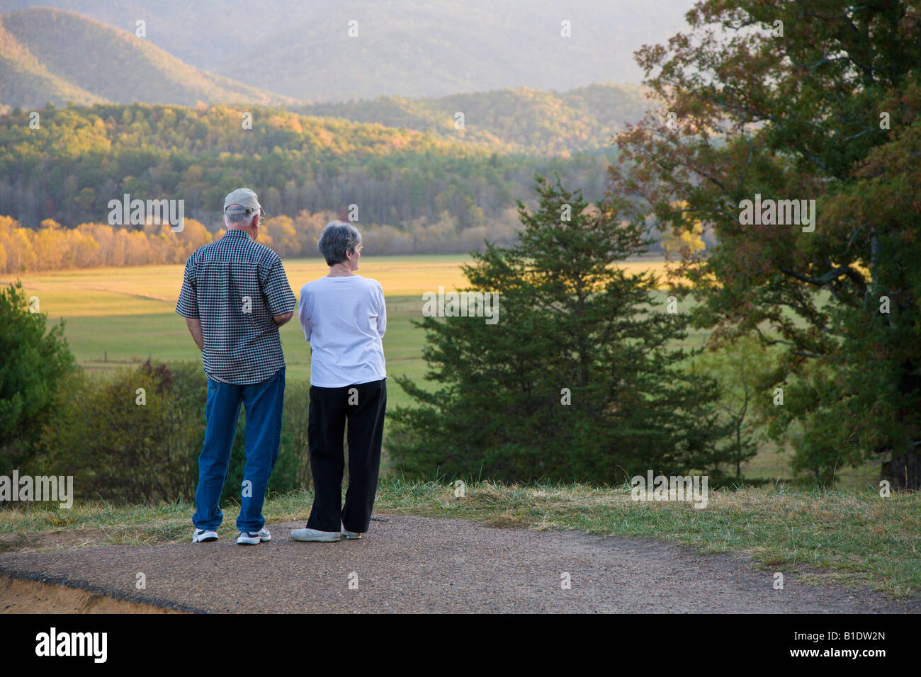 Senior couple overlook valley at Cades Cove in Great Smoky Mountains