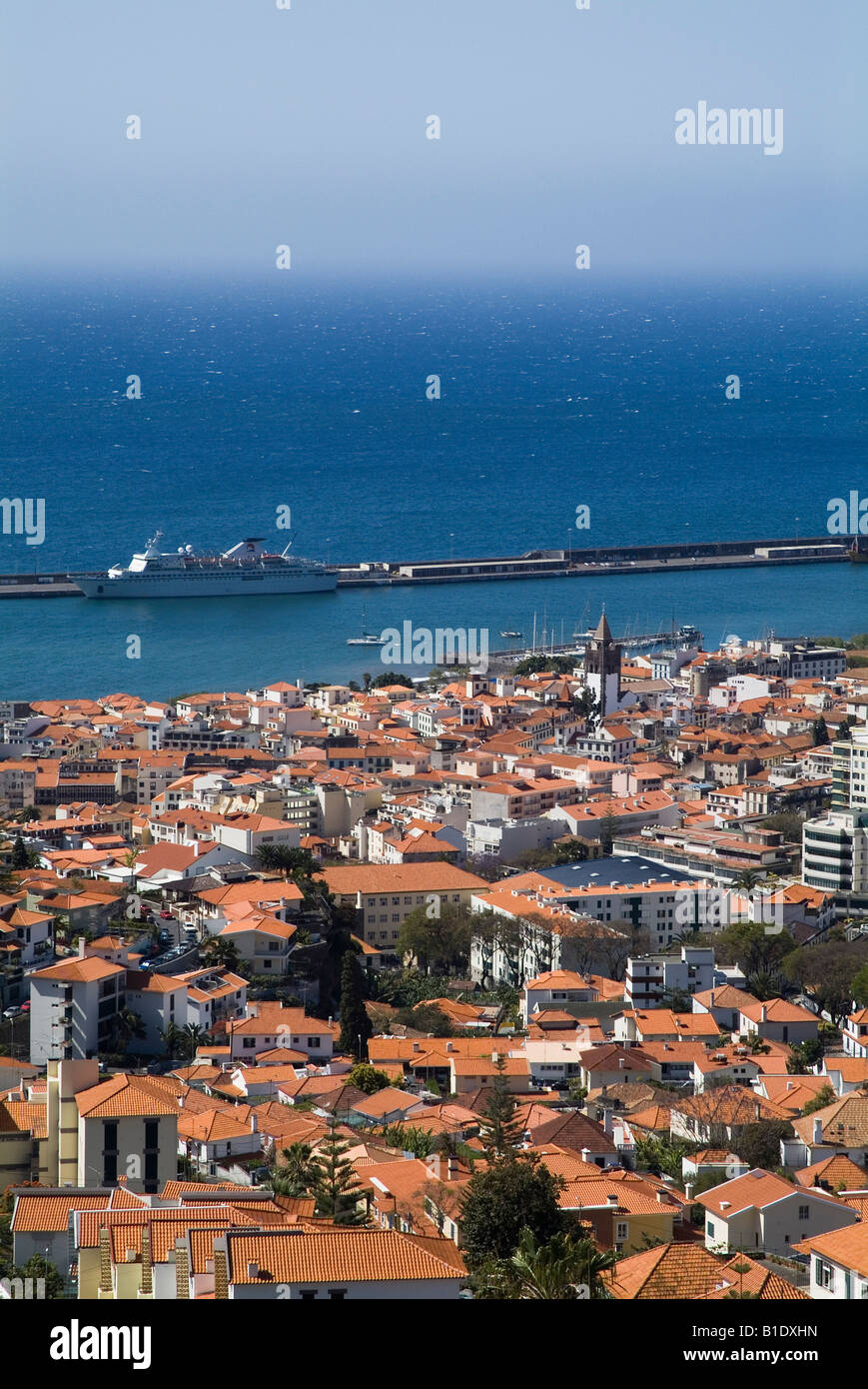 dh Funchal harbour FUNCHAL MADEIRA City rooftops and cruise liner in harbour view from cable car ship travel Stock Photo