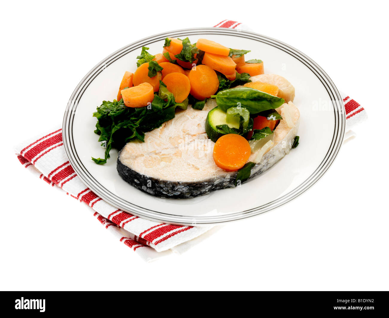 Poached Salmon Steak with Steamed Vegetables Stock Photo Alamy