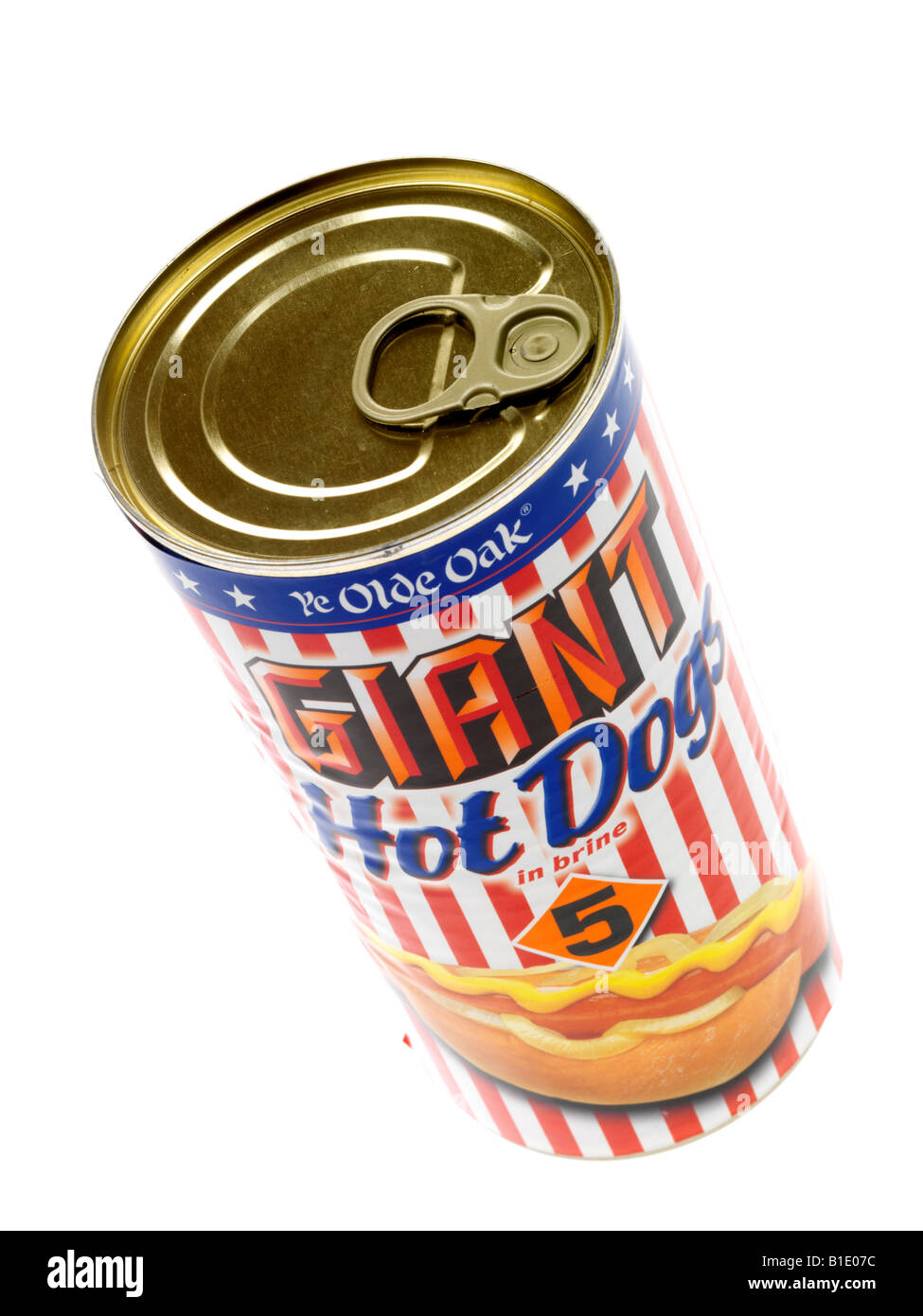 Tin Can of Hot Dogs Sausages Stock Photo