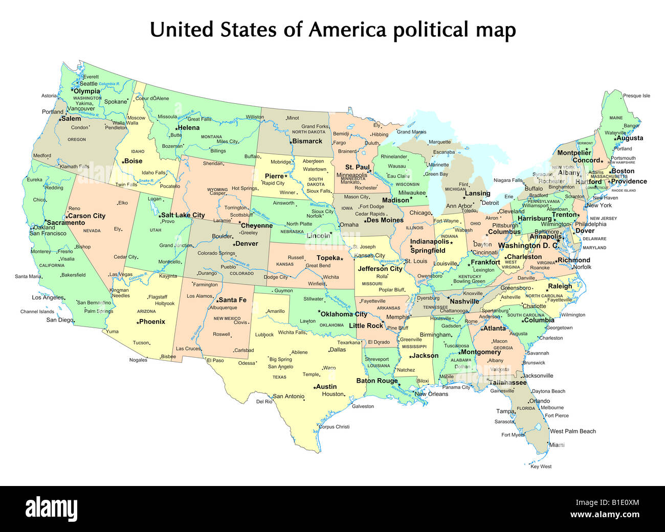 United States of America political map with states and capital city Stock Photo