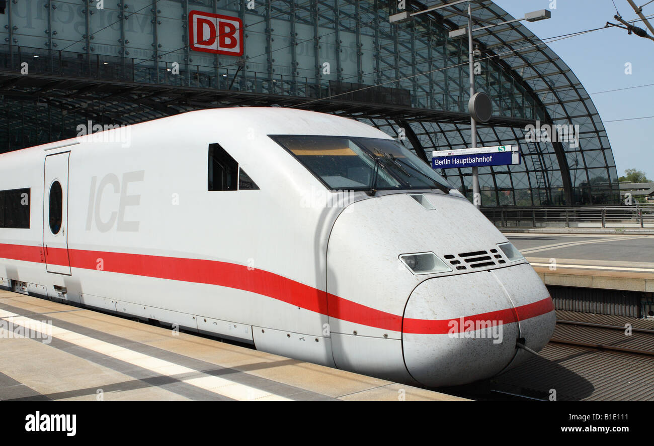 Berlin Germany high speed Deutsche Bahn ICE express train at the modern main city central Hauptbahnhof railway station Stock Photo