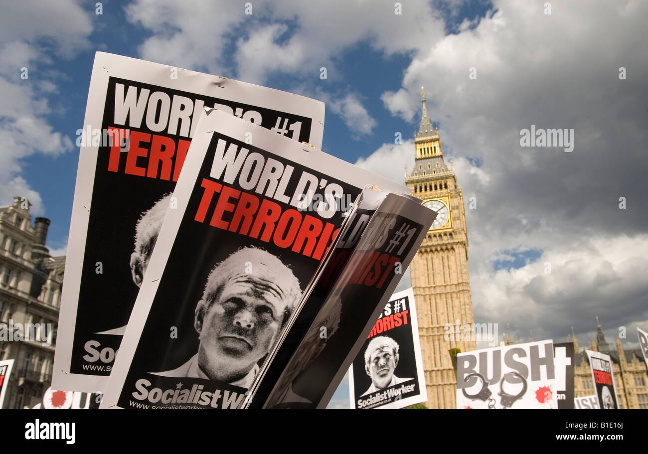 Stop the War demonstration outside the Houses of Parliament in London as President Bush arrives Stock Photo