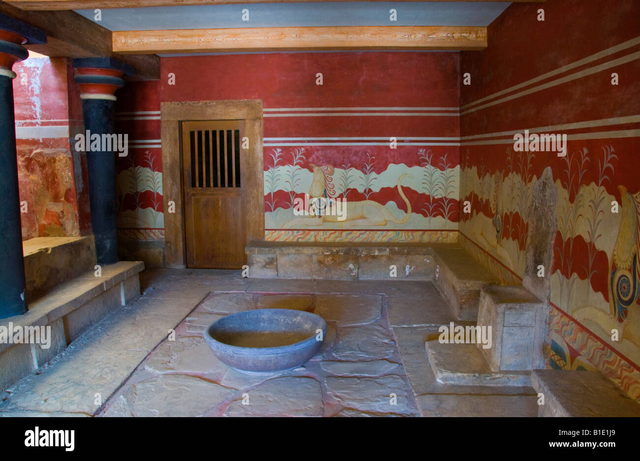 Minoan palace at Knossos on Greek Mediterranean island of Crete partially reconstructed by English archaeologist Arthur Evans Stock Photo