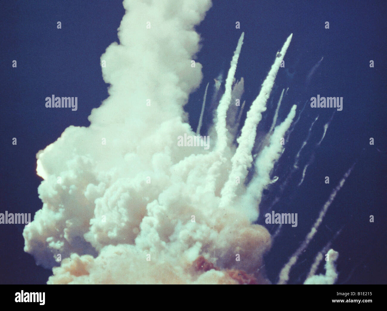 NASA Space Shuttle Challenger explodes shortly after liftoff in 1986 Stock Photo