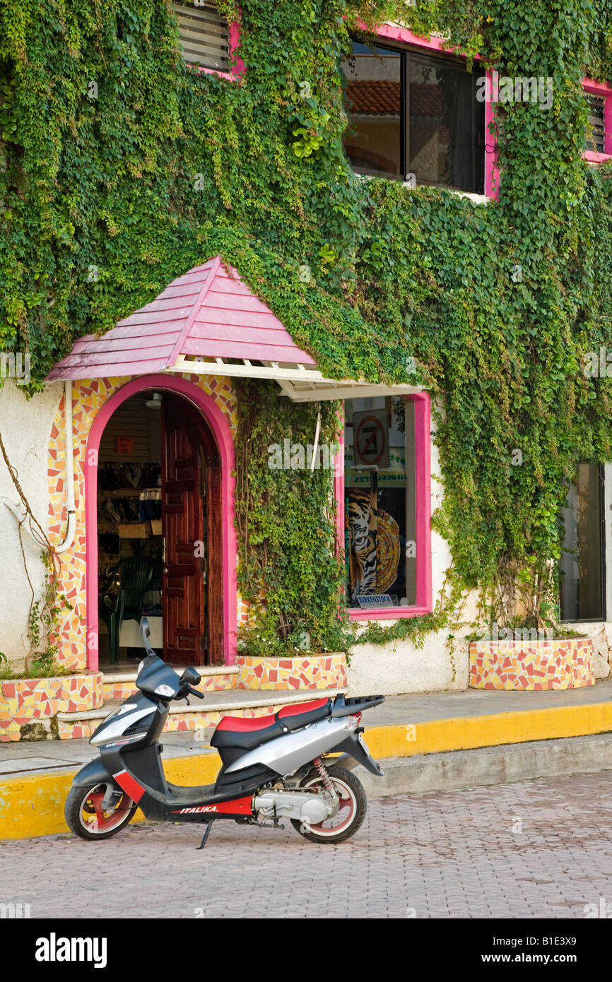 Store front with a motor bike sitting in front of it Playa Del Carmen on the Yucatan Peninsula in Quintana Roo Mexico Stock Photo