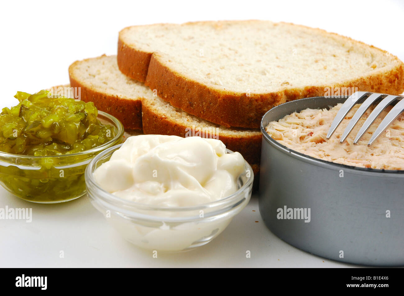 Ingredients for making a tuna fish sandwich bread tuna relish