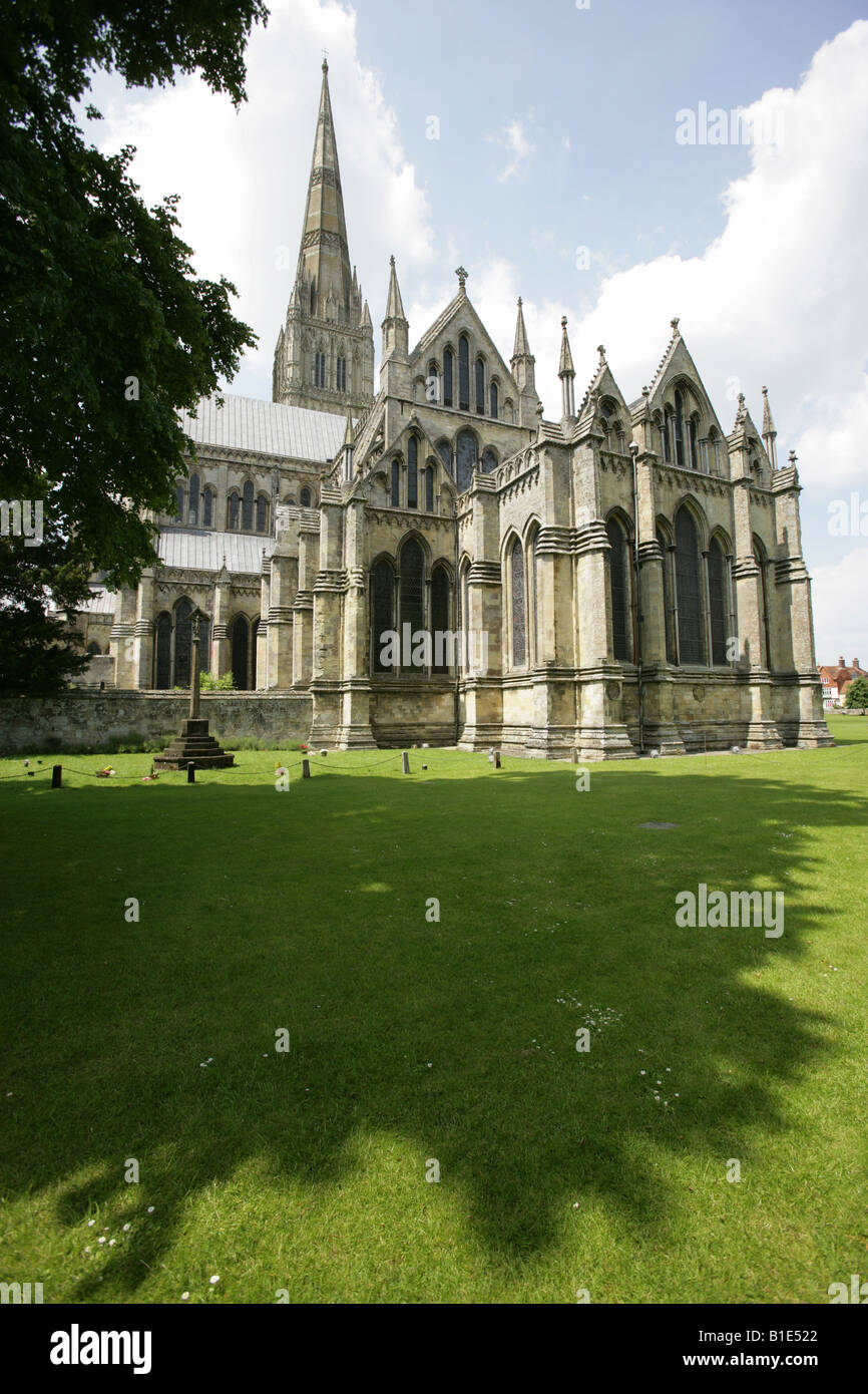 City of Salisbury, England. Northern facade of Salisbury Cathedral, Cathedral Church of the Blessed Virgin Mary in Salisbury. Stock Photo