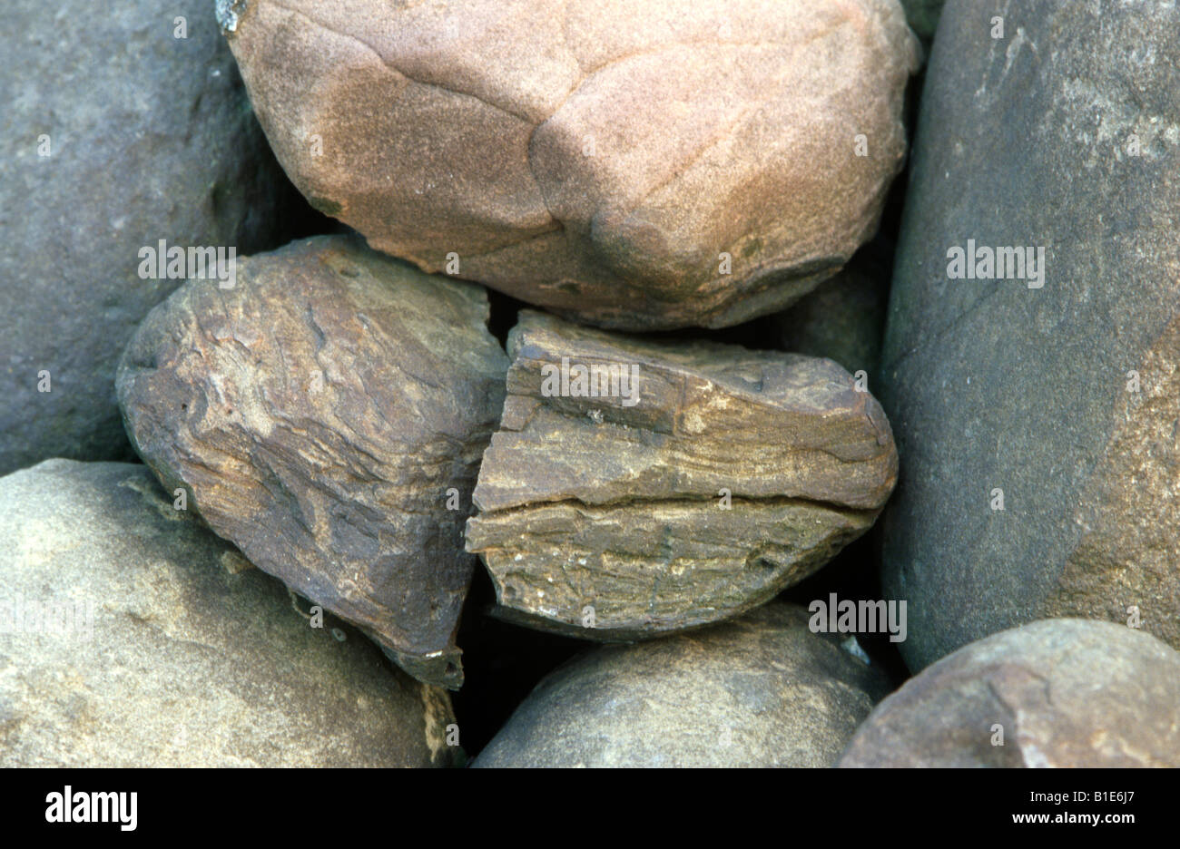 A rock broken in half surrounded by other rocks Stock Photo - Alamy