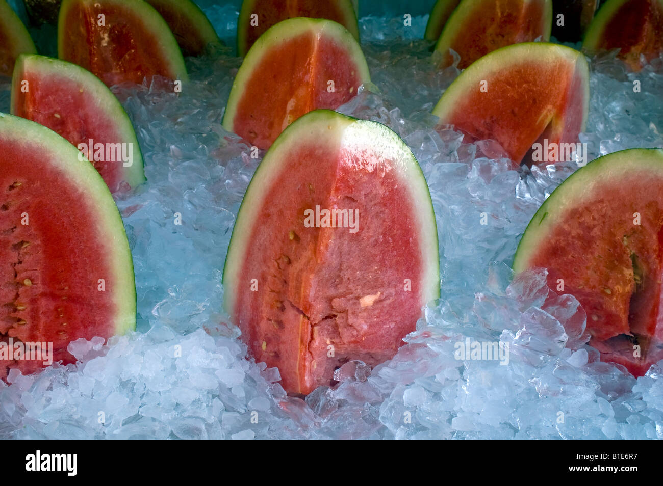 Watermelon on ice in a grocery store in New York Stock Photo
