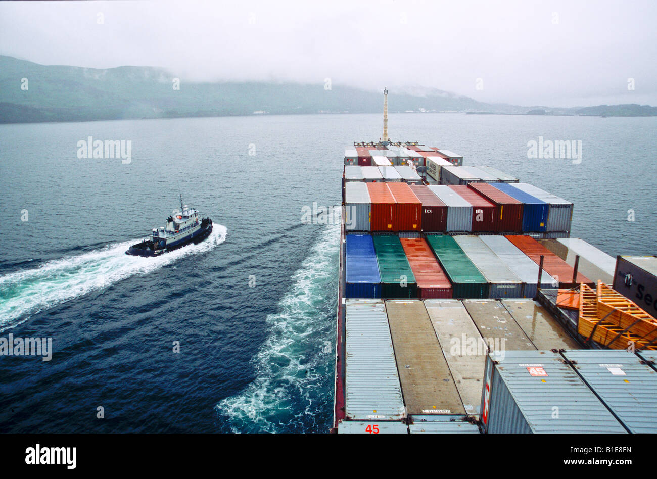 Kodiak Alaska, USA. Container ship, Horizon Anchorage, approaching