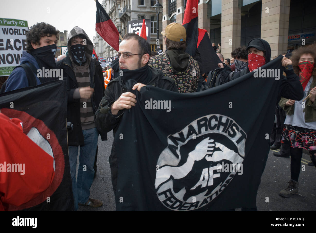 Anarchist Federation in Bridge Street, Westminster on Stop the War/CND/BMI  Troops Out march Stock Photo - Alamy
