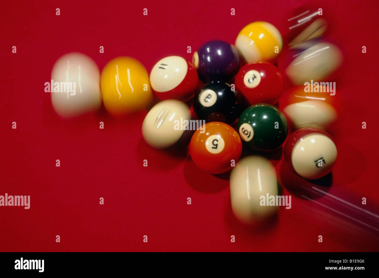 Closeup of Billiard Balls on red pool table blurred USA Stock Photo