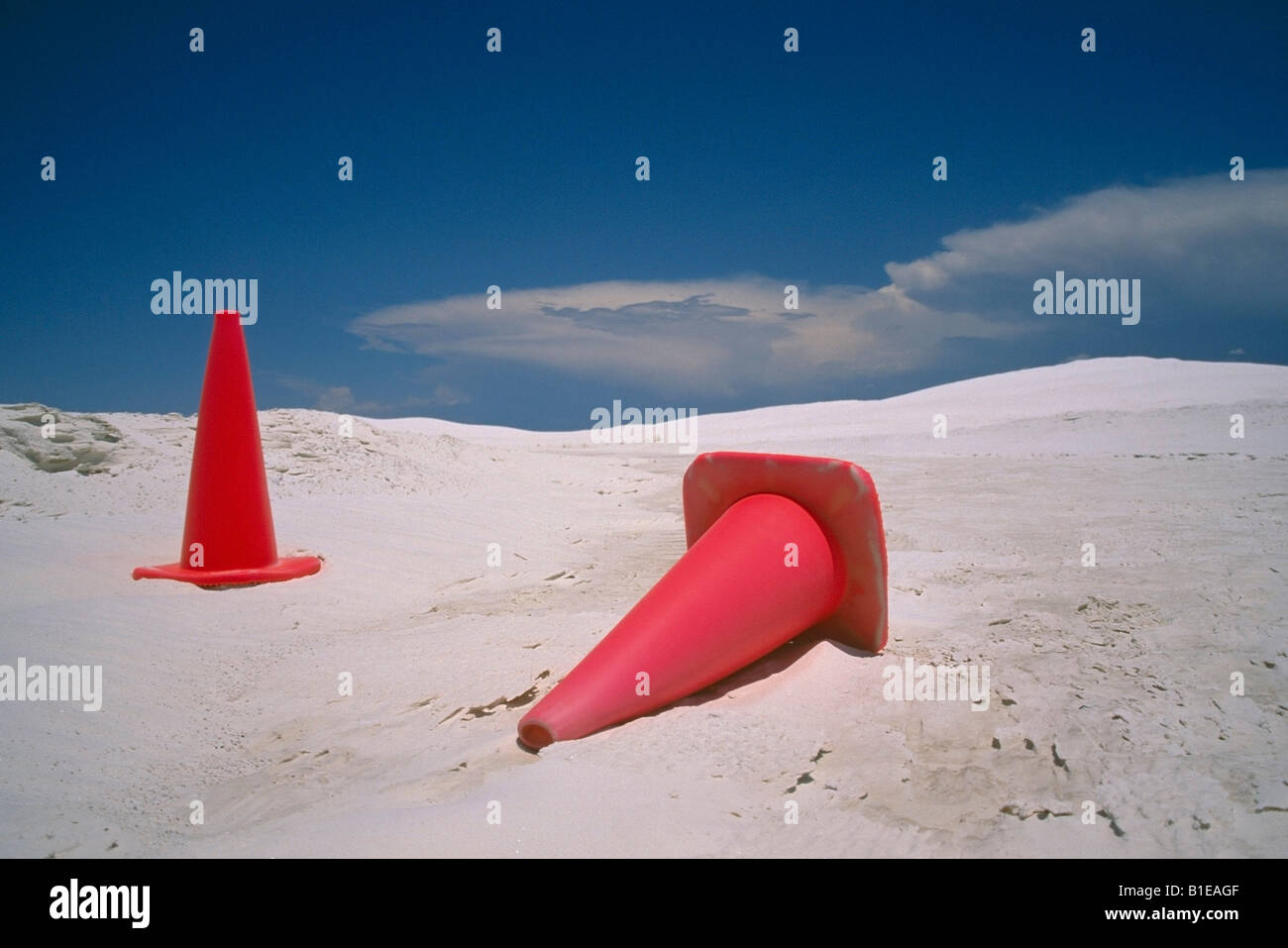 Parking cones in the middle of sand dunes White Sand Dunes national Monument New Mexico USA Stock Photo
