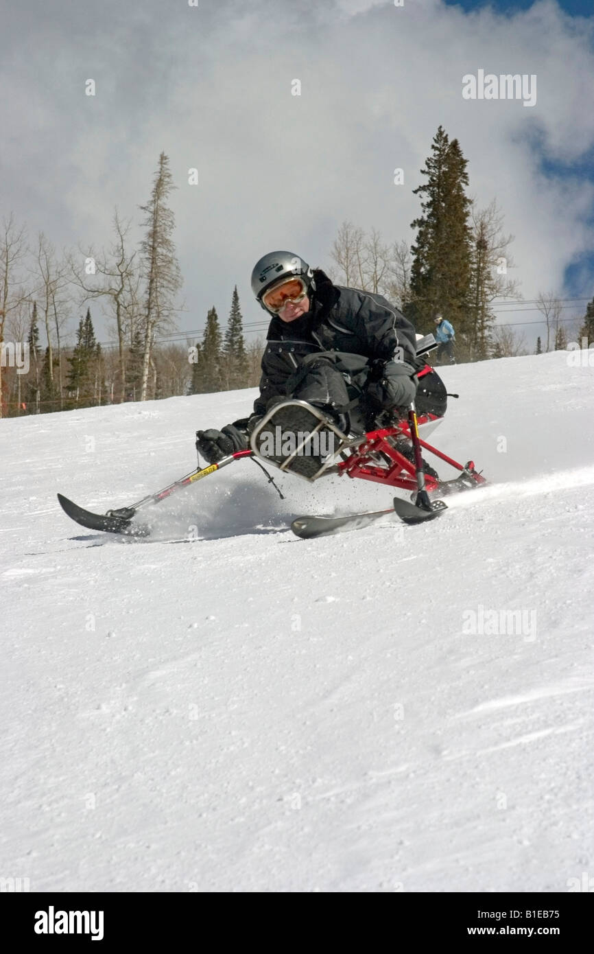 Mono-skier skiing down slope at ski-camp in Telluride Colorado Stock Photo