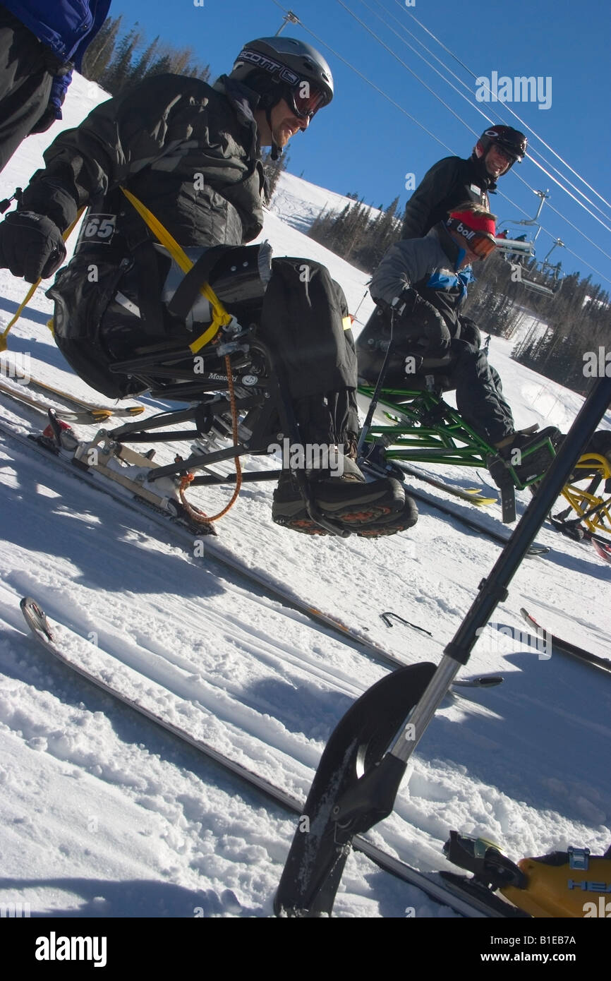 Handicapped skier preparing to ski while listening to instruction in Telluride Colorado Stock Photo