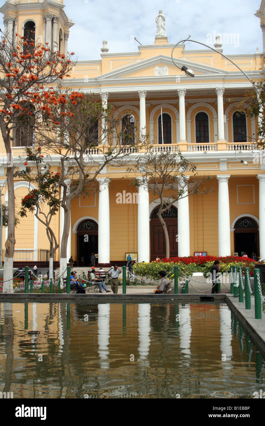 The Plaza de Armas of Trujillo, one of Peru's first Spanish settlements, in Northern Peru with the Catedral in the background. Stock Photo