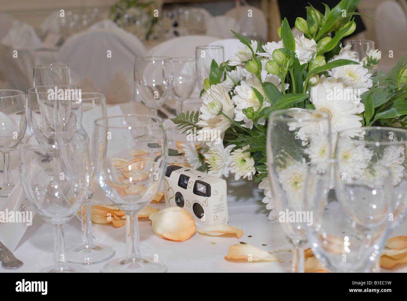 Disposable Camera On A Table Prior To A Wedding Reception Stock