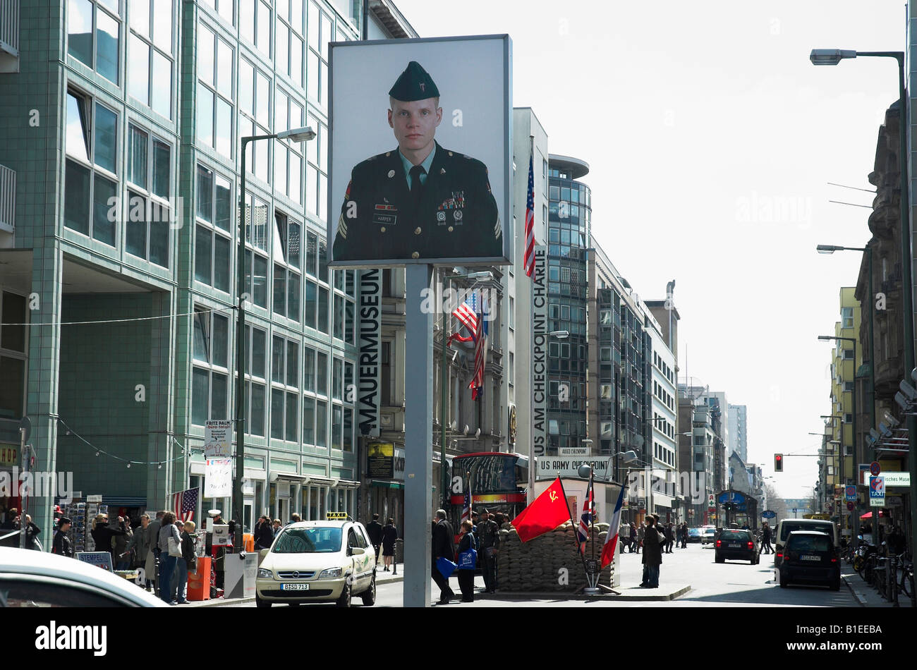 American soldier displayed at Checkpoint Charlie Berlin Germany April 2008 Stock Photo