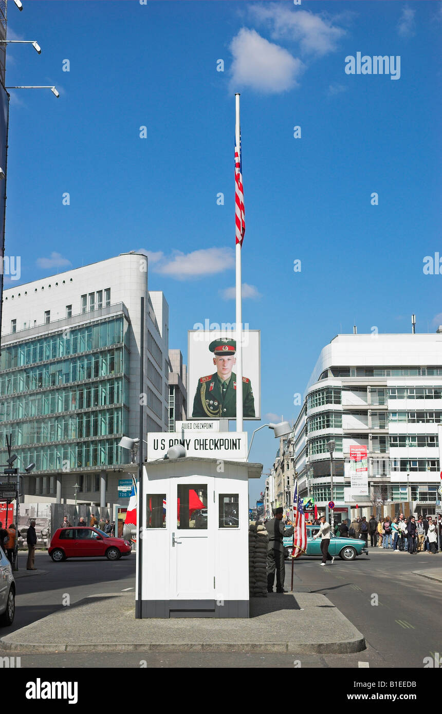 Soviet soldier displayed at Checkpoint Charlie Berlin Germany April 2008 Stock Photo