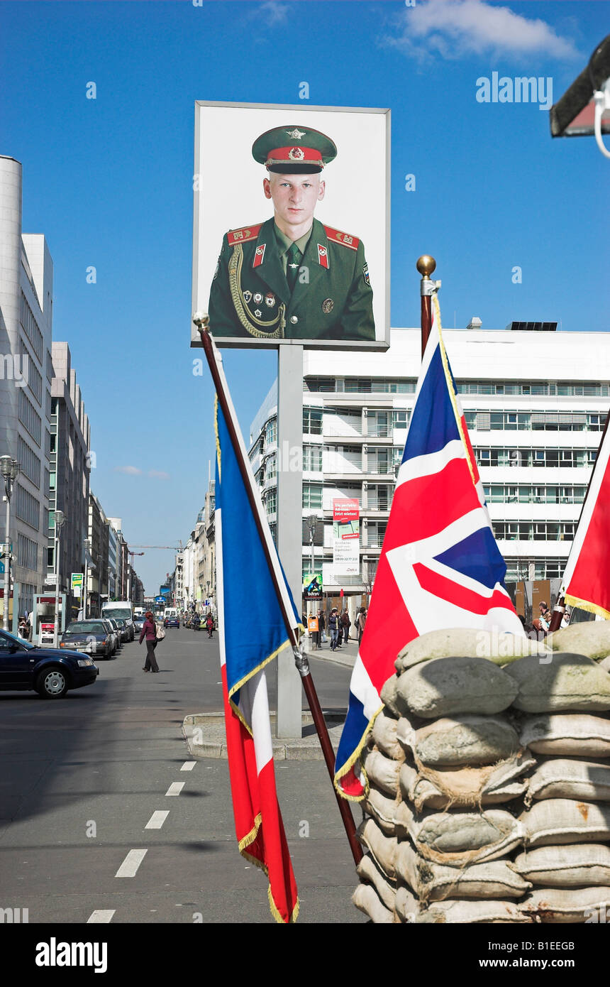 Soviet soldier displayed at Checkpoint Charlie Berlin Germany April 2008 Stock Photo