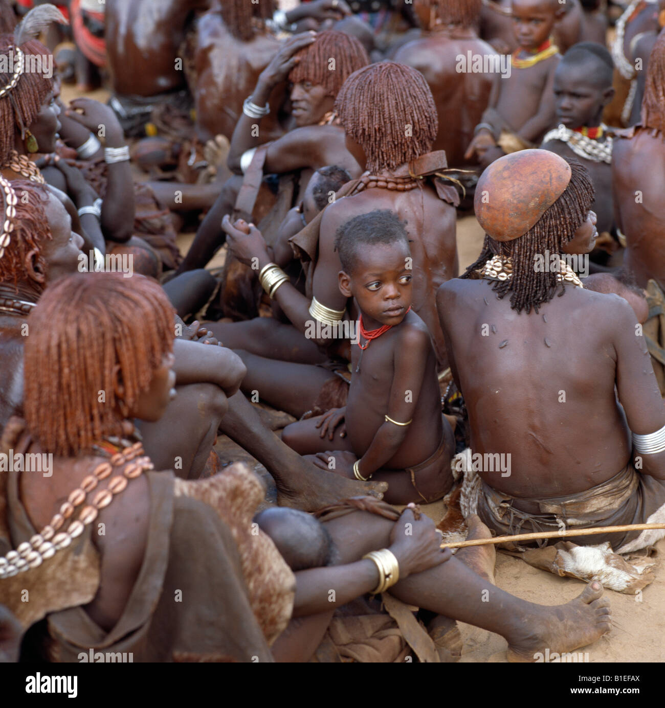 A large gathering of people at Dimeka, the largest market in the Hamar country of Southwest Ethiopia. Stock Photo