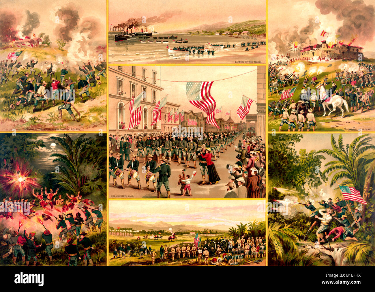 Lithograph showing various scenes of the Spanish American War of 1898 Stock Photo