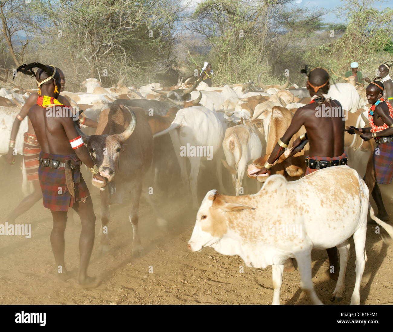 A Hamar woman being whipped by a man at a Jumping of the Bull ceremony.The