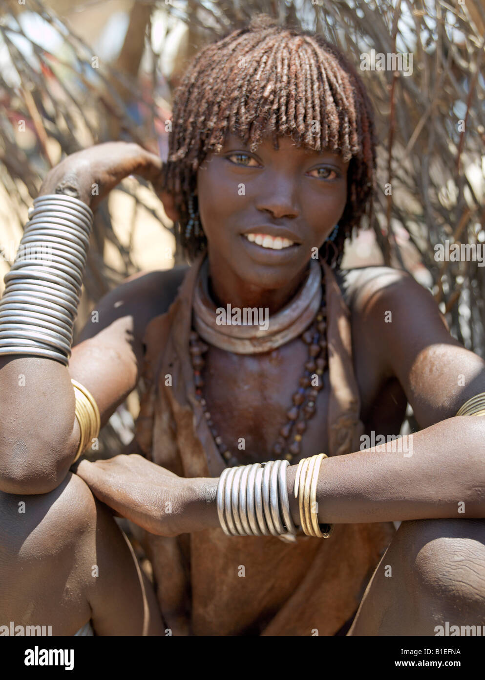 A Hamar woman at Turmi Market.The Hamar are semi-nomadic pastoralists of Southwest Ethiopia. Stock Photo