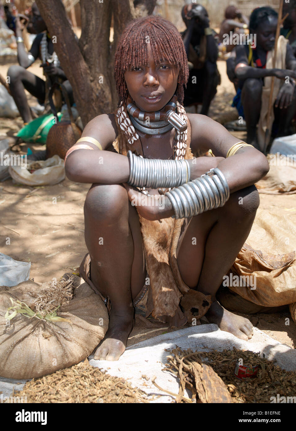 A Hamar woman at Turmi Market.The Hamar are semi-nomadic pastoralists of Southwest Ethiopia. Stock Photo