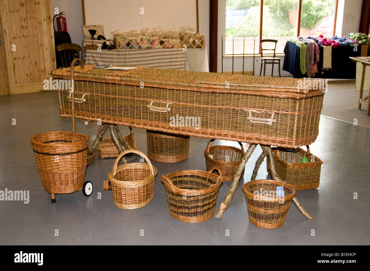 Wicker basket and coffin on display in welsh craft exhibition