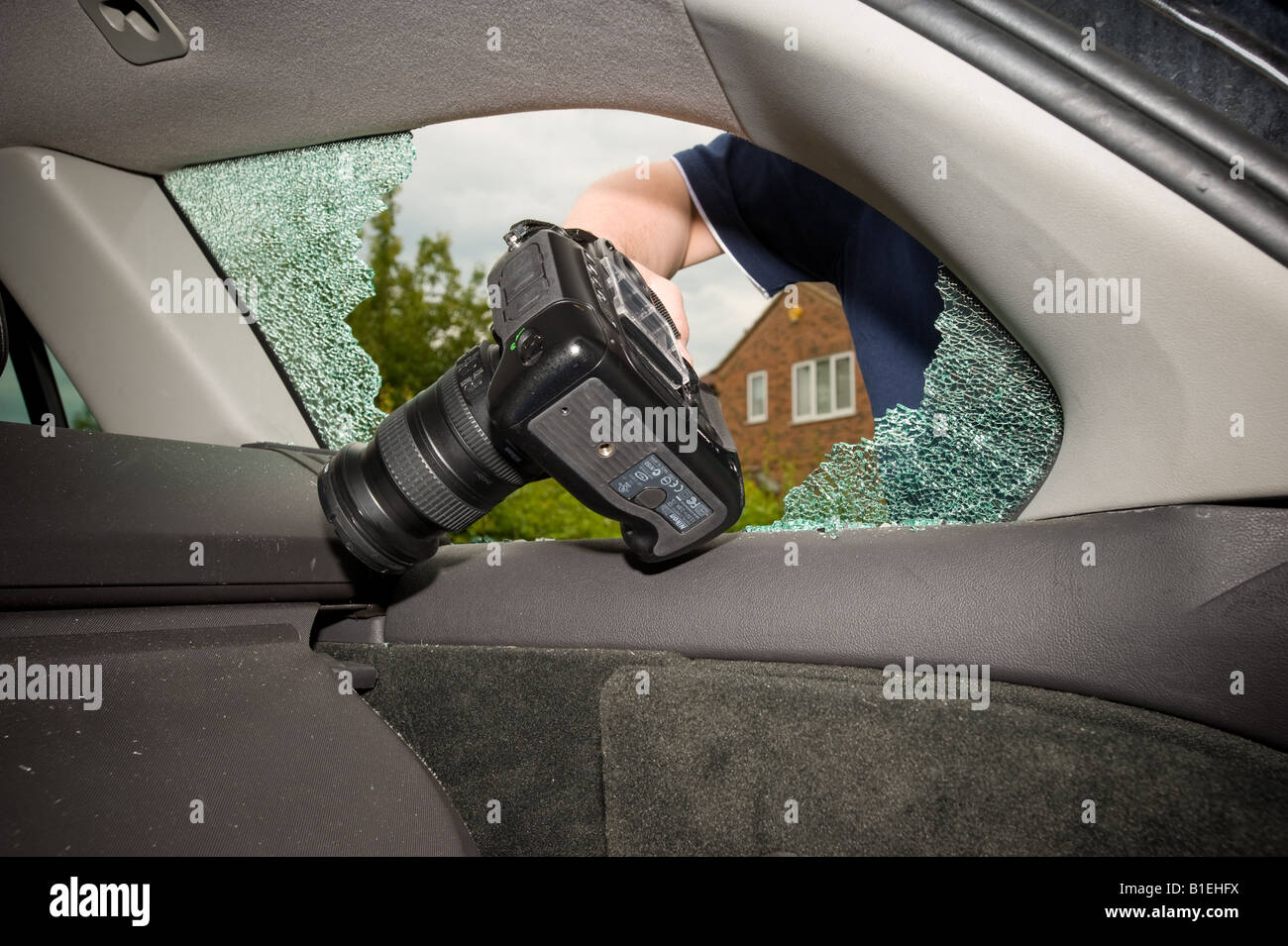 Thief stealing camera through smashed rear car window Stock Photo Alamy