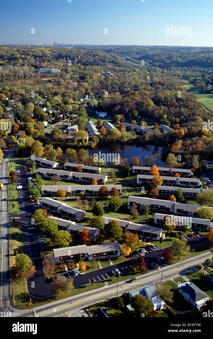 Autumn aerial view of apartment complex in suburban Philadelphia, Pennsylvania, USA. The city