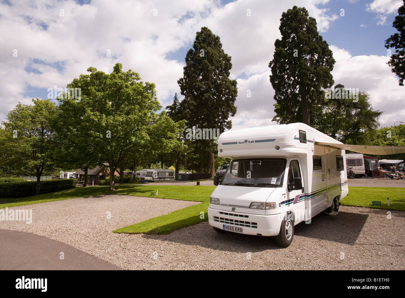 UK tourism Tredegar Park Caravan Club Site empty pitch next to auto Trail motorhome Stock Photo