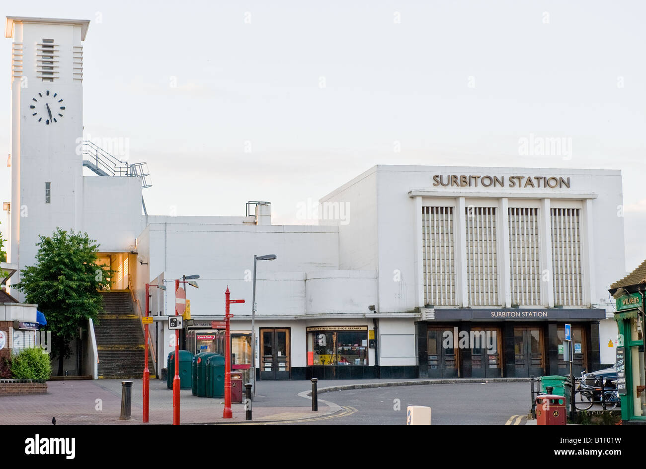 A view of the white Art Deco Surbiton British Rail railway station