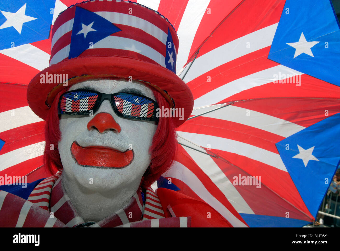 A clown marches in the 13th Annual National Puerto Rican Day Parade in New York on Fifth Avenue Stock Photo