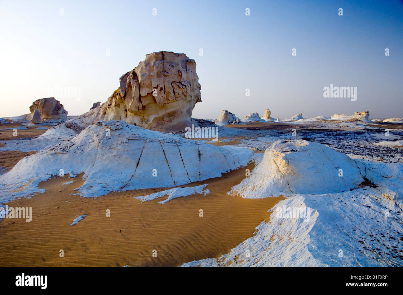 Gypsum formations and sand dunes in the White desert of Western Egypt Stock Photo Alamy