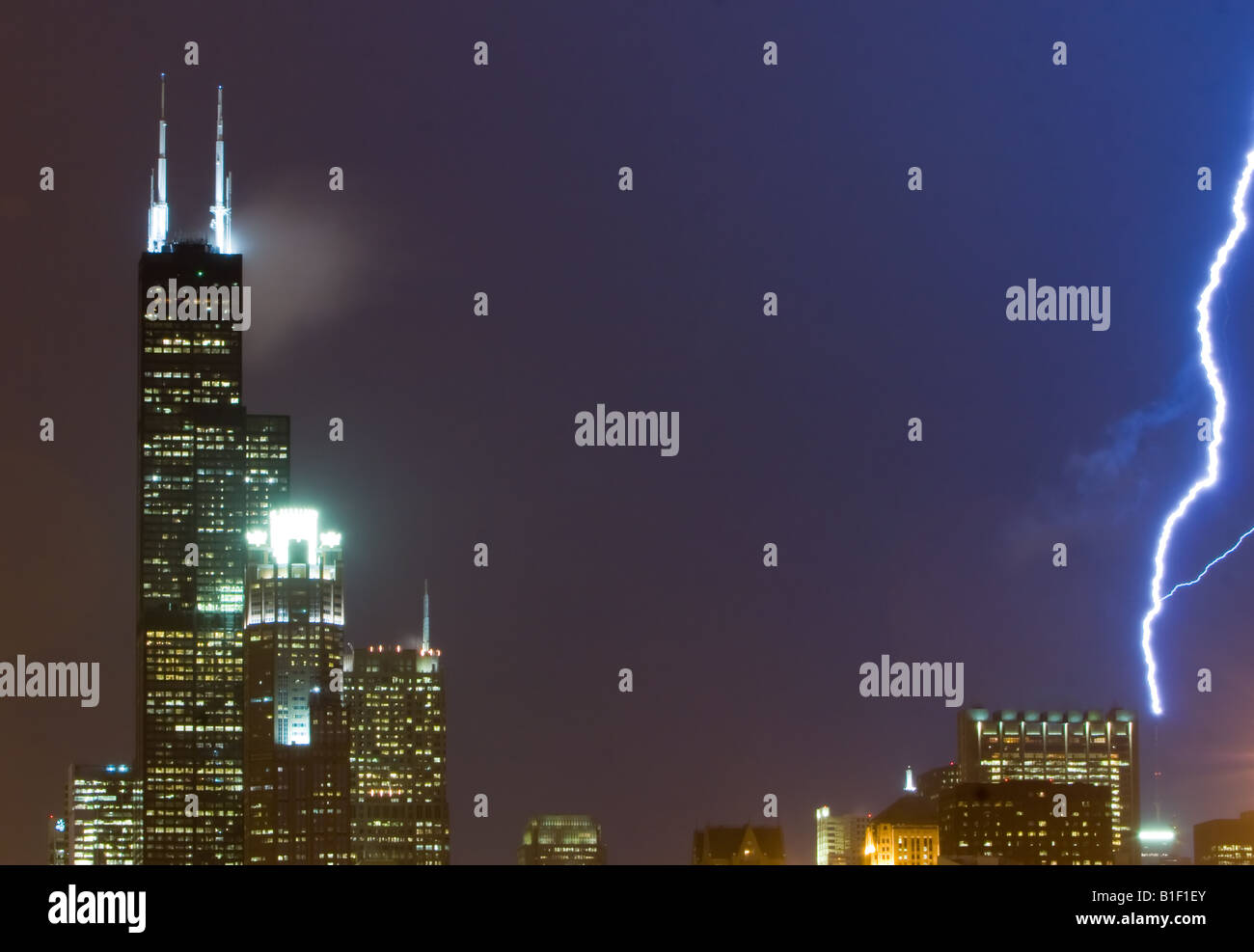 Lightning strikes the John Hancock building in Chicago, IL during a freak January thunderstorm in the 'Windy City'. Stock Photo