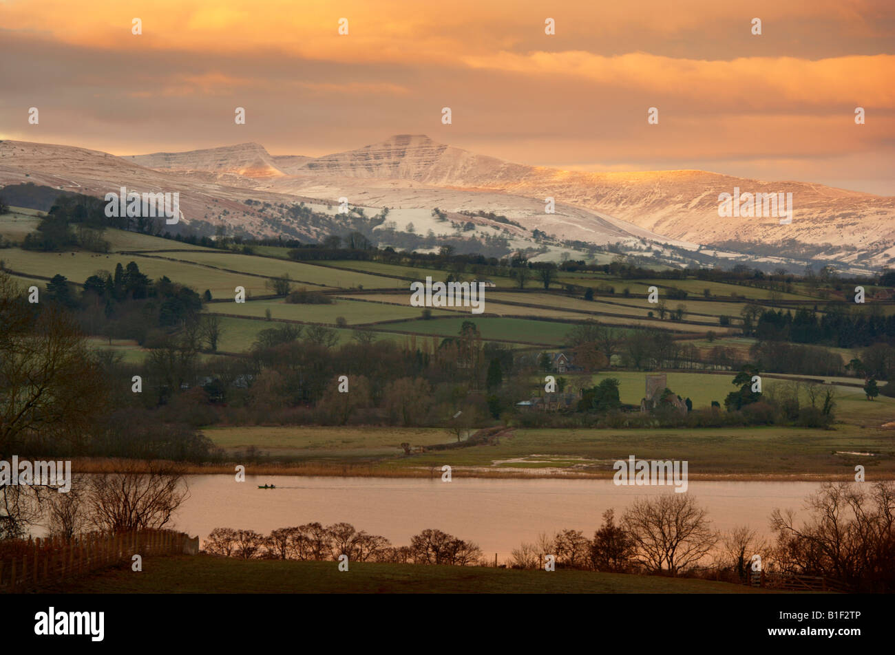 Fishing Llangorse Lake and Brecon Beacons at Dawn Stock Photo Alamy