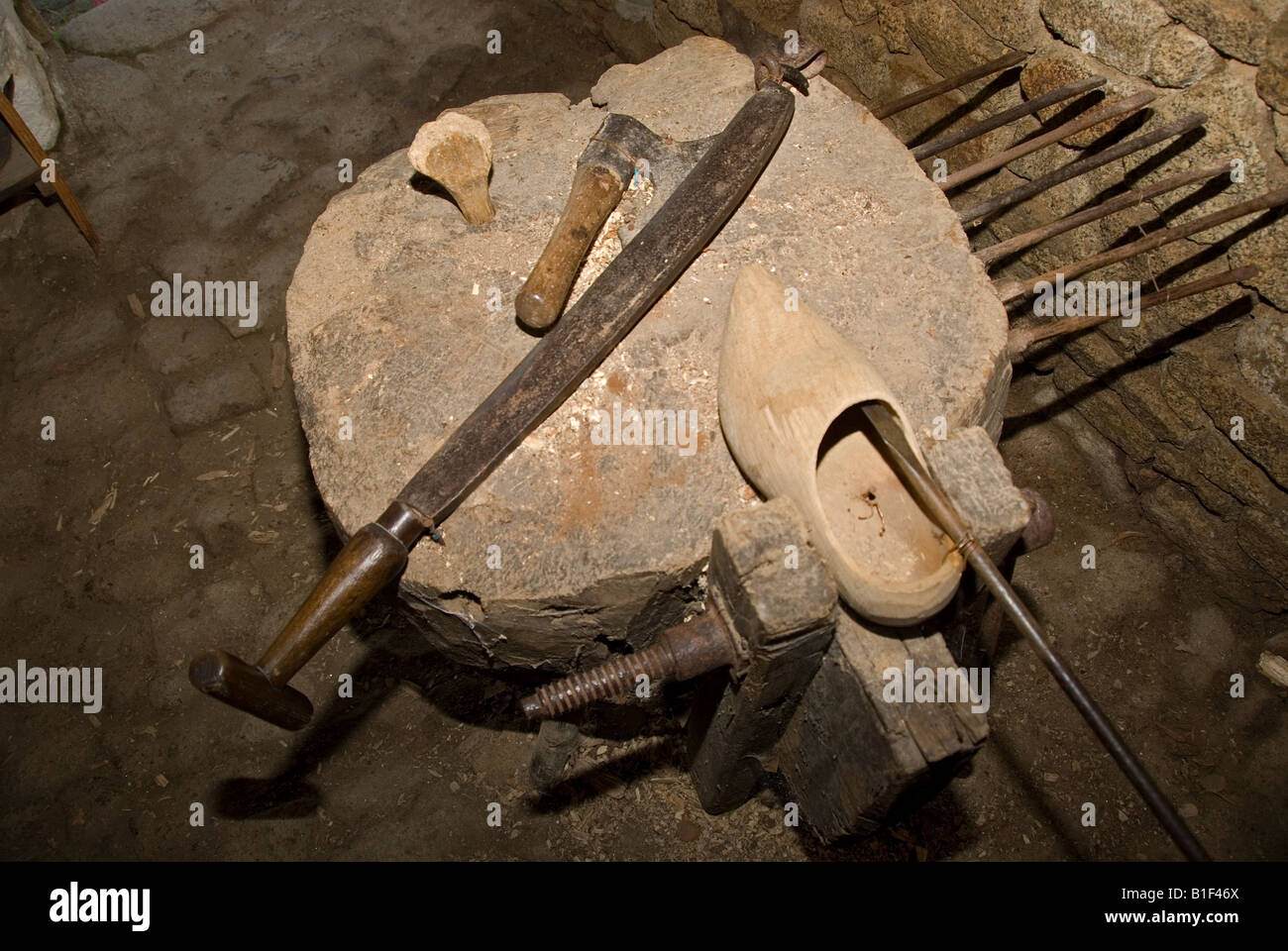 Stock photo of the tools inside the reconstructed cobblers shop in the village of Montrol Senard Stock Photo