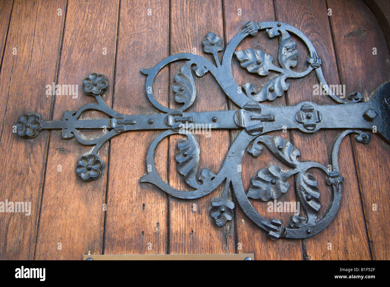 Wrought iron hinge on a medieval door at Church House Gloucester