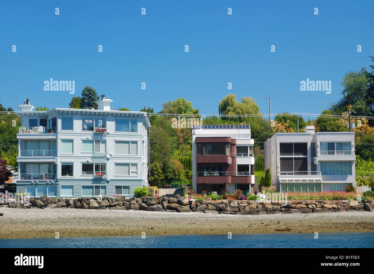 Houses on the waterfront near the Ballard Locks in Seattle Stock Photo