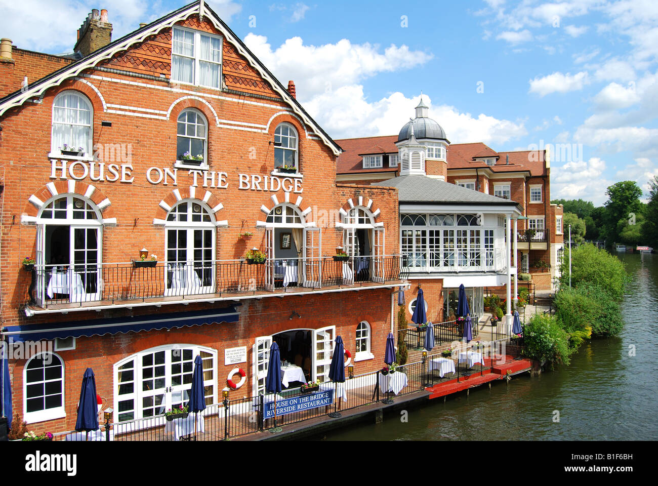House on the Bridge Restaurant from Windsor Bridge, Eton, Berkshire, England, United Kingdom Stock Photo
