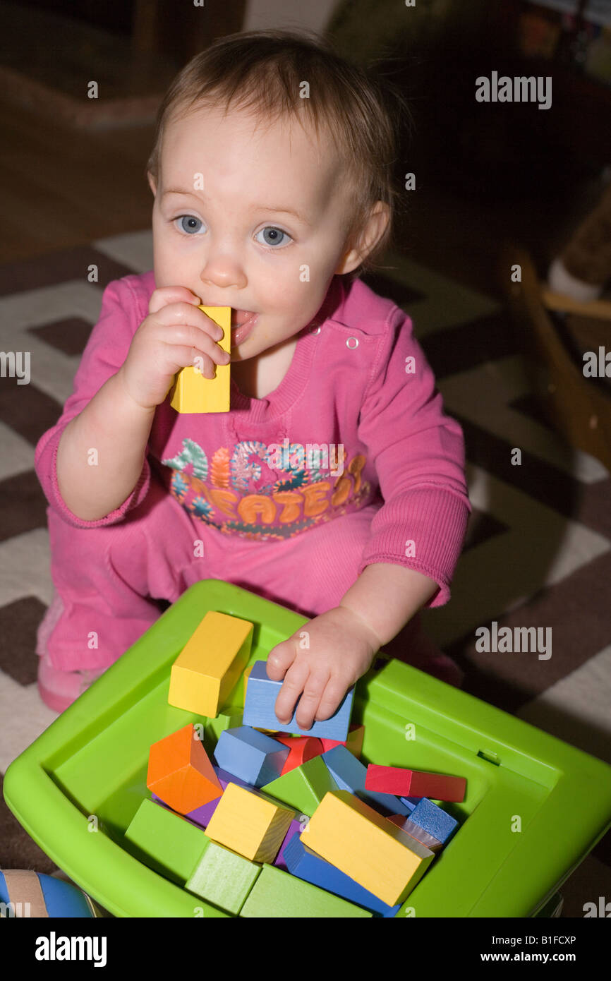 1 year old baby girl playing with bricks at home Stock Photo