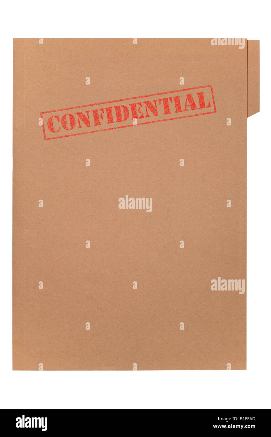 A manila folder with the feded word Confidential on the front isolated on a white background with clipping path Stock Photo
